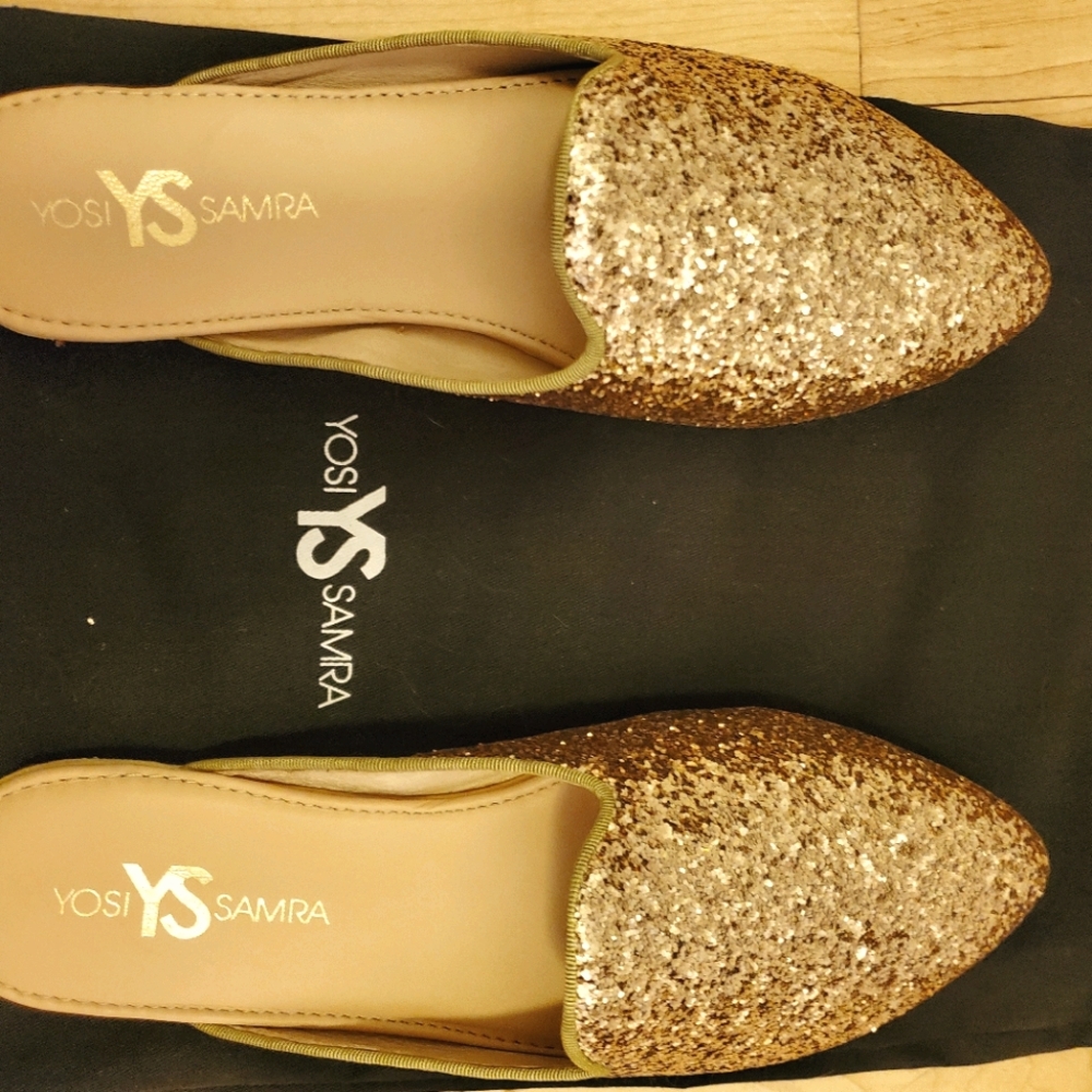 Yosi Samra gold glitter mule 8M brand new in box